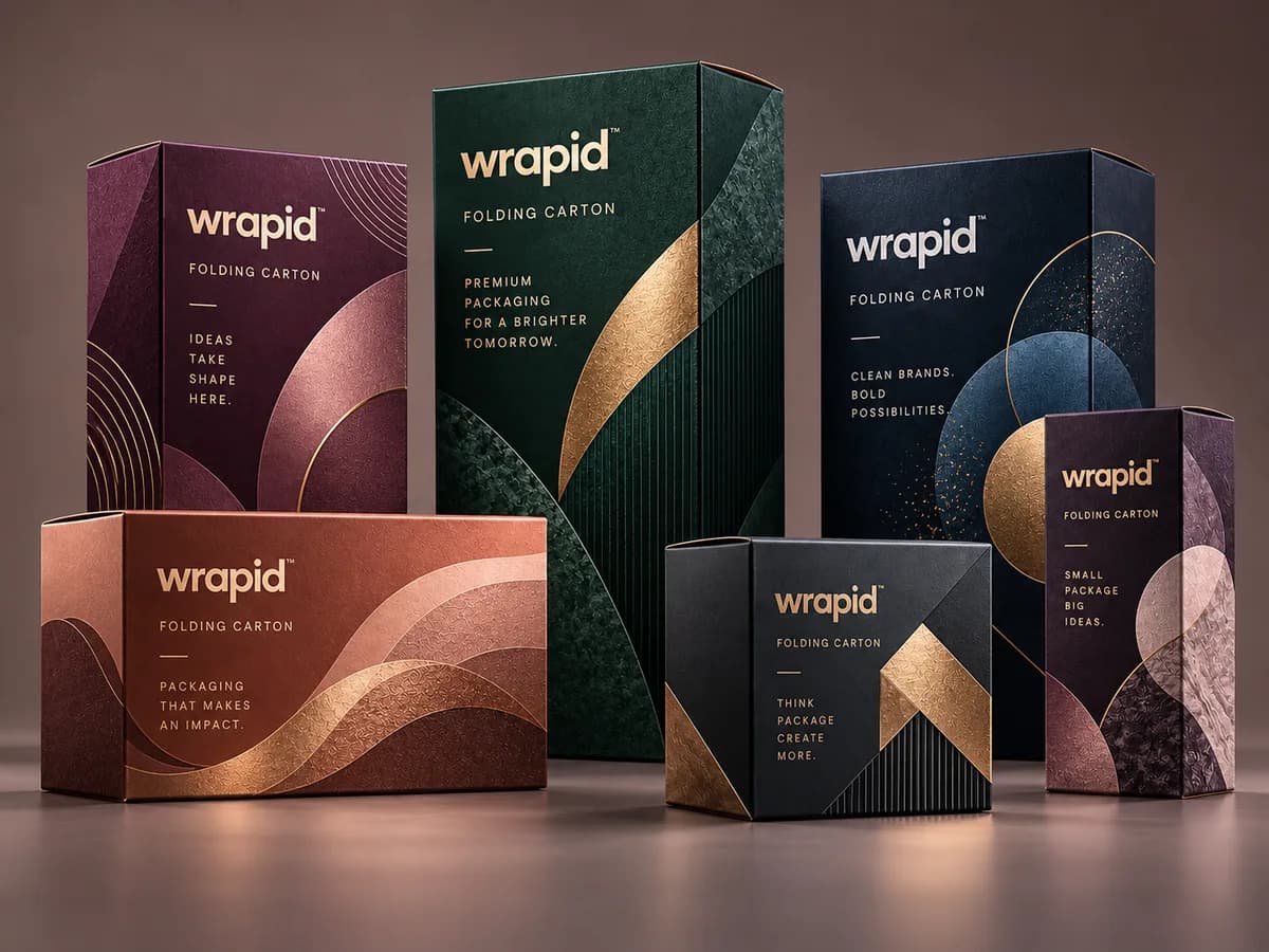 Six Wrapid folding cartons in plum, green, navy, copper, and black with metallic accents