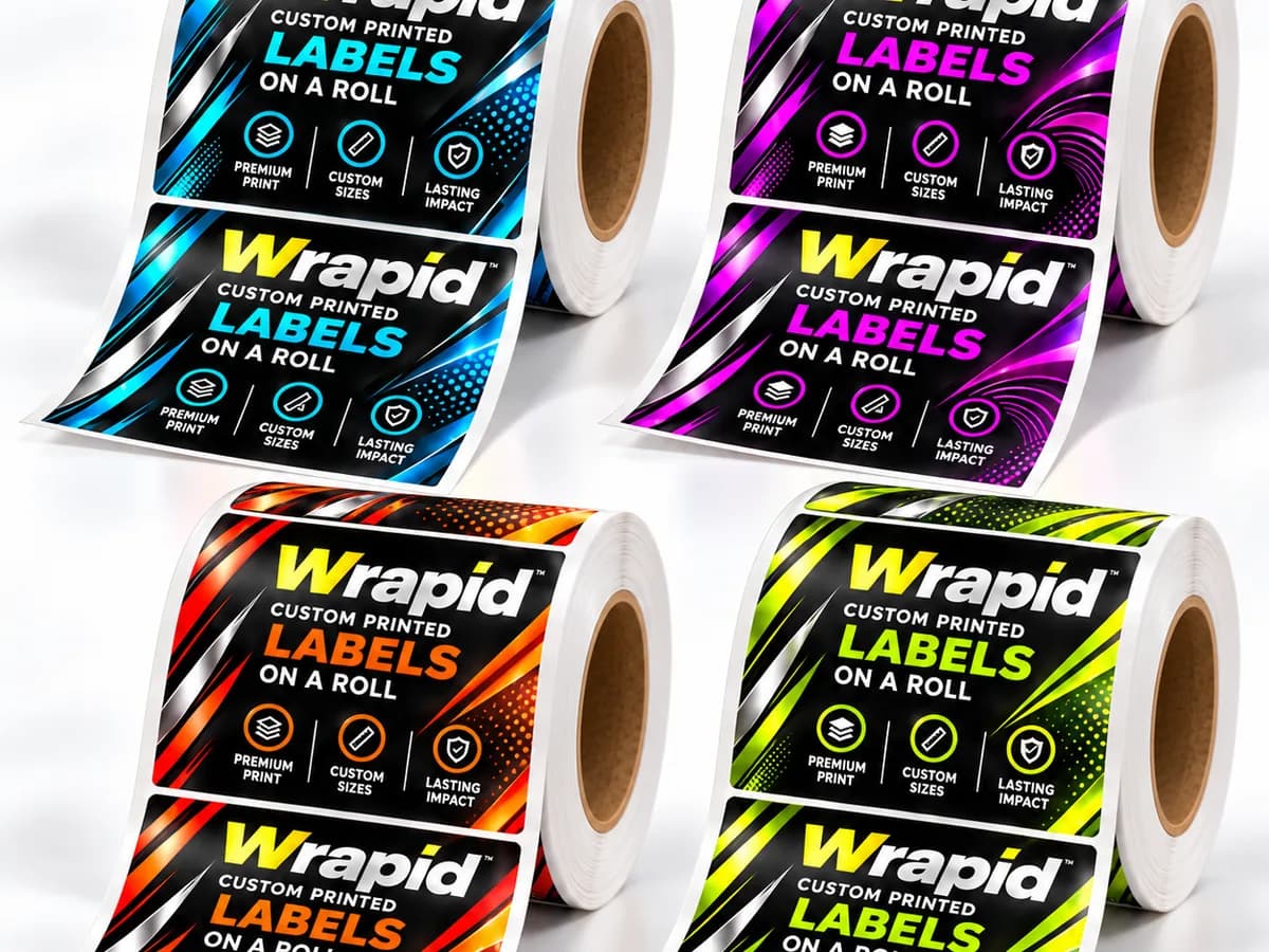 Four rolls of custom printed Wrapid labels in blue, magenta, orange, and green