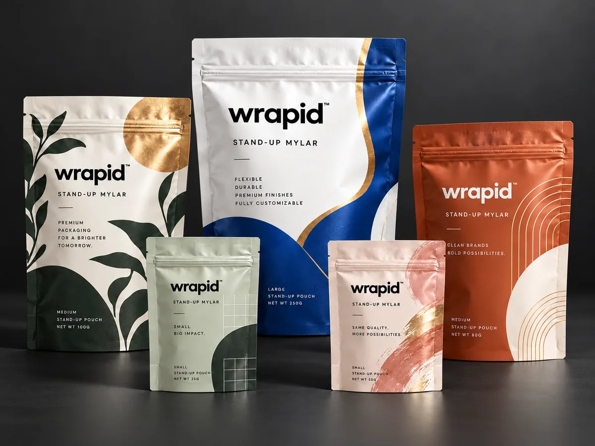 Five Wrapid stand-up mylar pouches in cream, sage, blue, blush, and terracotta