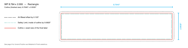Rectangle label 8.764 × 2.093 dieline