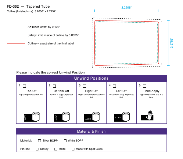 Tapered Tube label FD-362 dieline