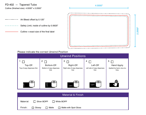 Tapered Tube label FD-402 dieline