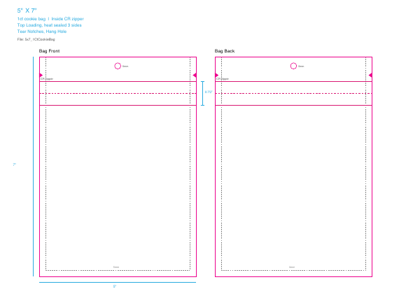 Flat dieline of a 5×7 single cookie mylar bag